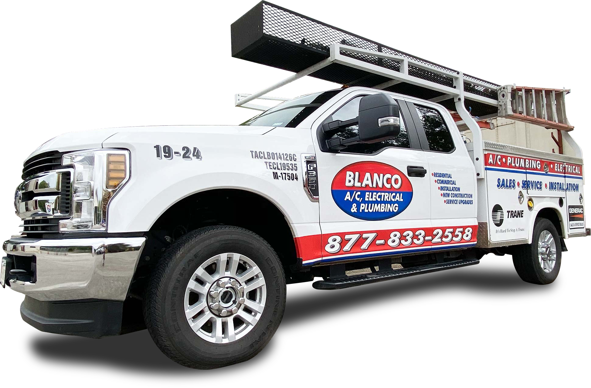 white truck with ladder, tools and blanco ac, electrical & plumbing branding
