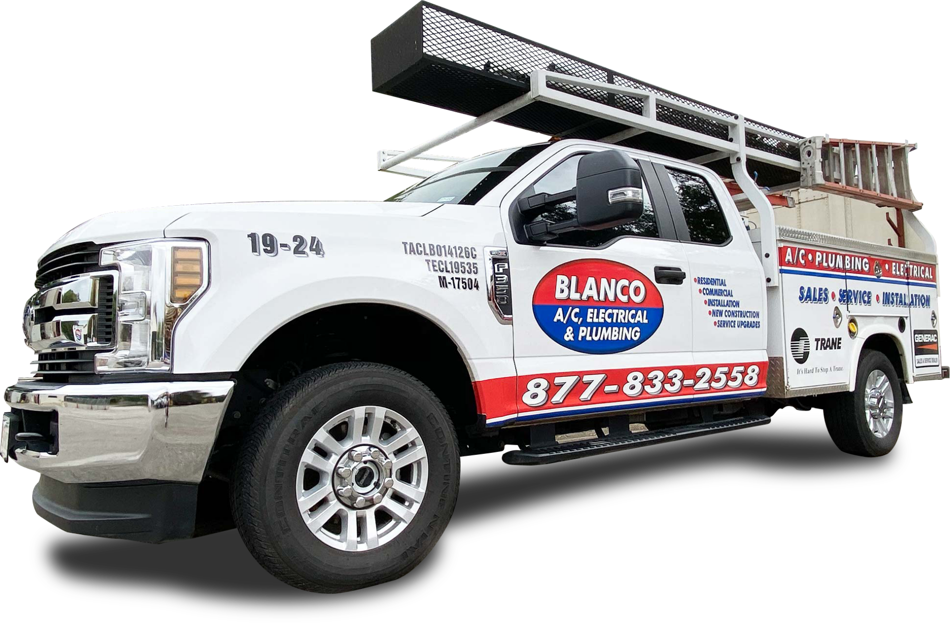 white truck with ladder, tools and blanco ac, electrical & plumbing branding