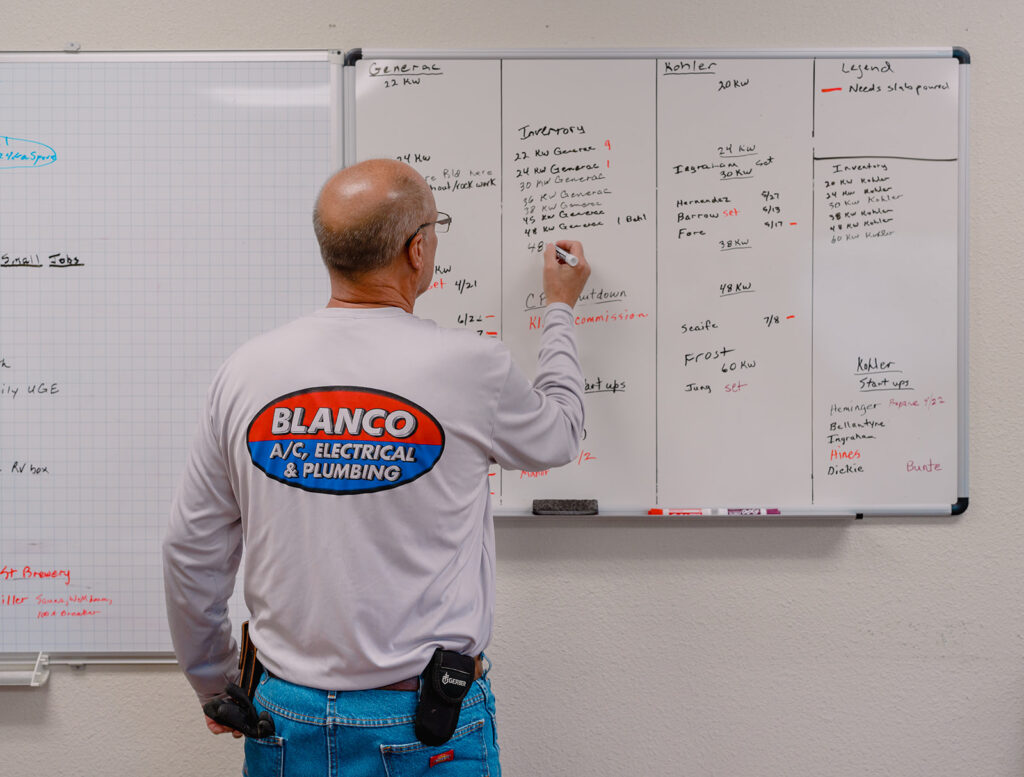 Blanco customer service representative workign at a whiteboard